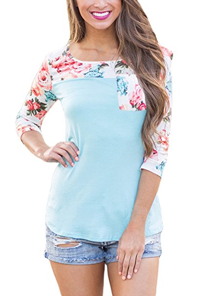 Annflat Women's Floral Print Crew Neck 3 4 Sleeve T-Shirt Casual Pocket Blouse Tops