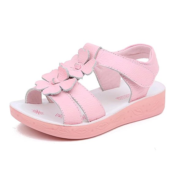 BODATU Girl Flat Flower Leather Sandals(Toddler/Little Kid/Big Kid)