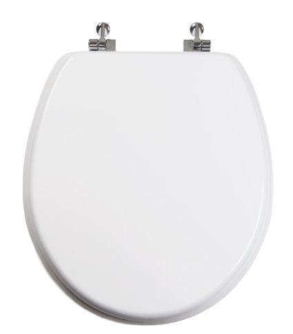 TOPSEAT Round Toilet Seat w/ Chromed Metal Hinges, Wood, White