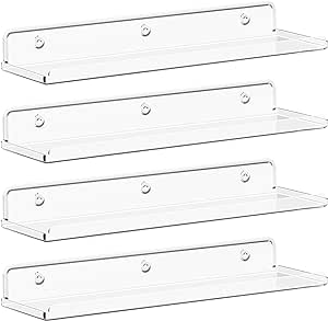 Lifewit Floating Shelves Wall Mounted, 4 Pack 15" Clear Acrylic Wall Shelf Room Decor for Book/Photo/Makeup/Figures in Bathroom, Book Shelf, Living Room, Bedroom, Kitchen Storage and Organization