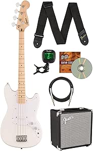 Fender Squier Sonic Bronco Bass Guitar, Maple Fingerboard, Bundle with Rumble 15 Bass Amplifier, Guitar Cable, Fender Tuner, Guitar Strap, and Austin Bazaar Instructional DVD - Arctic White