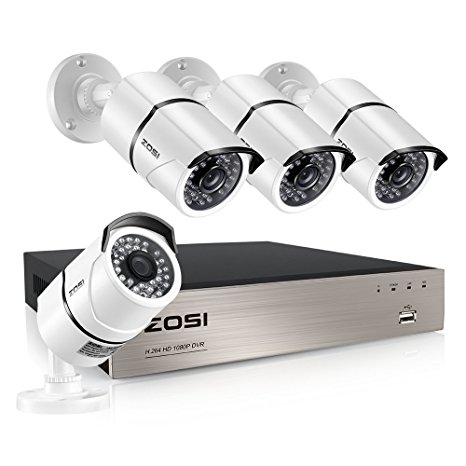 ZOSI 8-Channel HD-TVI FULL 1080P Video Security System DVR and (4) 2.0MP Indoor/Outdoor Weatherproof Cameras with IR Night Vision LEDs- NO HDD, 100ft Night Vision, Customizable Motion Detection