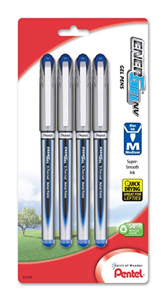 Pentel EnerGel NV Liquid Gel Pen, 0.7mm, Medium Line, Metal Tip, Blue Ink, 4 Pack (BL27BP4C)