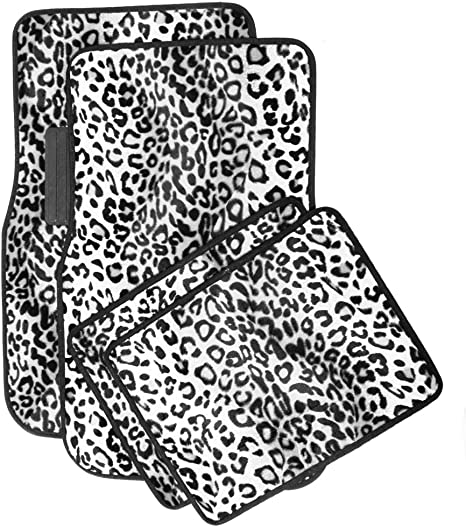 OxGord 4 Piece Leopard Print Carpet-Floor-Mats Set for Car - Rubber-Lined All-Weather Heavy-Duty Protection for All Vehicles, Snow White/Black