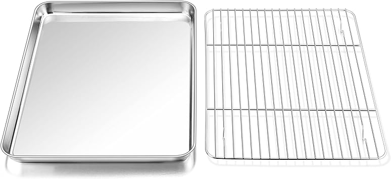 P & P Chef Toaster Oven Pan and Rack Set, Toaster Oven Tray with Broiler Rack, Rectangle 12.5''x9.7''x1'', Non Toxic & Healthy, Heavy Duty & Rust Free - Dishwasher Safe