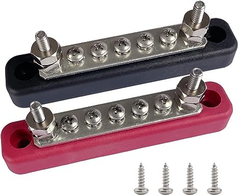 5 Terminals Bus Bar, Ampper 4.2" Power/Ground Distribution Block Brass Battery BusBar Junction for Car Vehicle Rv Truck Marine Boat Audio Amplifier and More (Red & Black)