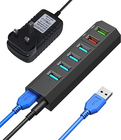 Vansuny Powered USB Hub 3.0 24W Multiport USB Extender Hub, 4 USB 3.0 SuperSpeed Data Ports   2 USB Smart Charging Port, USB Splitter with 12V/2A Power Adapter for Laptop, PC, Mac and More