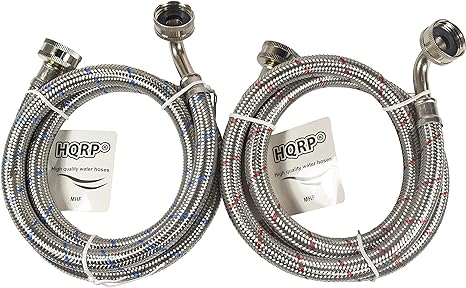 HQRP Premium Stainless Steel Washing Machine Hoses, 90 Degree Elbow, 4-FT Burst Proof, Red and Blue Striped 4-Foot (2-pack)