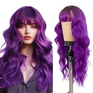 Long Ombre Purple Wigs with Bangs: Middle Part Wavy Wigs for Women - Natural Looking Heat Resistant Synthetic Fiber Wig For Party Event Cosplay Daily Halloween 26IN(Purple)