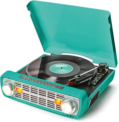 ION Audio Bronco LP-Vintage Turntable/Vinyl Record Player with Speakers, AM/FM Radio, USB and Aux inputs – Classic-Styled Teal Finish