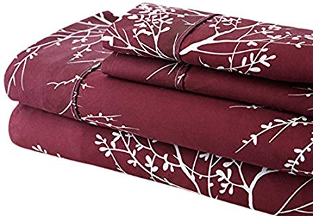 Spirit Linen Hotel 5th Ave Foliage Collection Printed Luxurious Microfiber Sheet Set, Twin, Burgundy/Ivory
