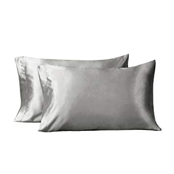 Bedsure Standard Size Satin Pillowcase for Hair and Skin Light Gray Pillow case Set of 2 Envelope Closure Pillowcases - 20x26, Light Gray