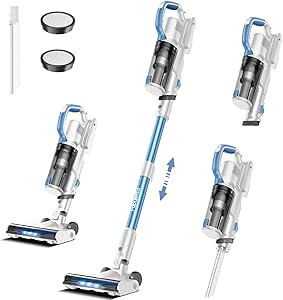 FABULETTA Cordless Vacuum Cleaner, 24kpa Free-Standing Stick Vacuum with Upgraded 250W Brushless Motor, Lightweight Handheld Vacuum for Home Pet Hair Carpet Hard Floor (White&Blue)