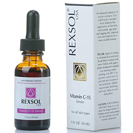 REXSOL 15% Vitamin C Serum Anti-wrinkle Firming | Natural Antioxidant for fine lines and wrinkles Firm and Youthful formula | With Hyaluronic Acid, Chamomile & Grape Seed Extract (30 ml / 1 fl oz)