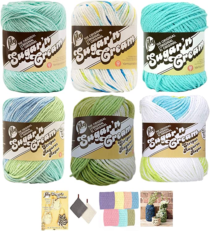 Variety Assortment Lily Sugar'n Cream Yarn 100 Percent Cotton Solids and Ombres (6-Pack) Medium Number 4 Worsted Bundle with 4 Patterns (Asst AH)