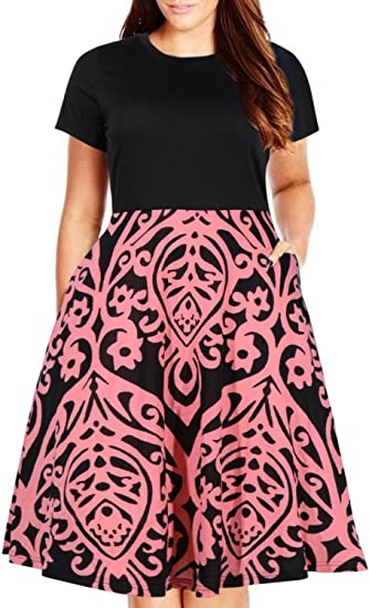 Nemidor Women's Round Neck Summer Casual Plus Size Fit and Flare Midi Dress with Pocket