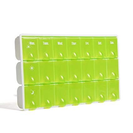 Bidear Weekly Pill Organizer, 3 Times a Day Pill Case, Portable Medicine Container, Travel or Daily Use Tablets Pill Box, 21 Compartments, Green