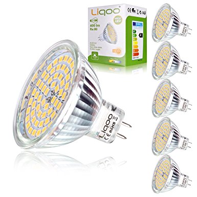 Liqoo 6 x MR16 GU5.3 GX5.3 LED Lamps, 5W Warm White 2800K Ra 80 High CRI, 60pcs Best 2835 Chips, No Strobe Effect, AC DC 12V 400 Lumens, Equivalent to 35W Halogen Incandescent Bulbs, 120 Degree Beam Angle, Ø 50 x 48 mm