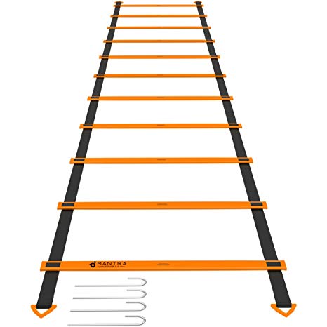 Mantra Sports 15-Foot Footwork Agility Ladder and A3 Laminated Drill Chart for Speed Training Fitness Workouts and HIIT Cardio with 11 Adjustable Rungs …