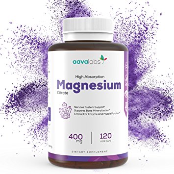 Magnesium Citrate Supplement [ 400 mg ] By Aava Labs - Pure & Non-Buffered - For Healthy Bones & Heart Function, Sleep Aid & Relaxation - 100% Vegan and Non-GMO - 120 Veggie Caps.