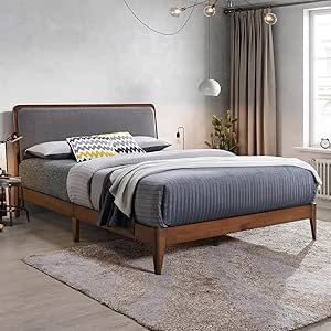 DG Casa Raven Solid Wood Queen Size Bed Frame - Mid Century Modern Style, Platform with Tufted Upholstered Adjustable Height Headboard, No Box Spring Required, Walnut Finish, Grey