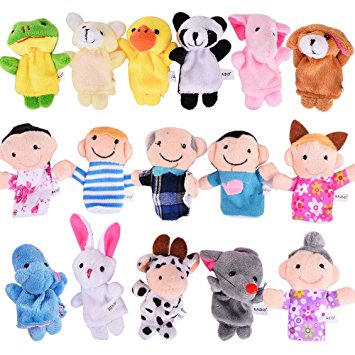 FunsLane Story Time Finger Puppets Set 16 Pcs - 10 Animals and 6 People Family Members Puppets Toys