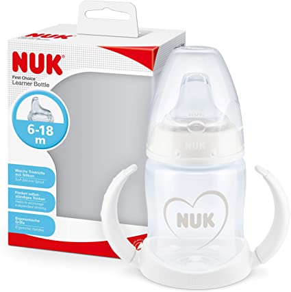 NUK First Choice  Learner Cup Sippy Cup | 6-18 Months | Leak-Proof Silicone Spout | Anti-Colic Vent | BPA-Free | 150ml |  Hearts (White)