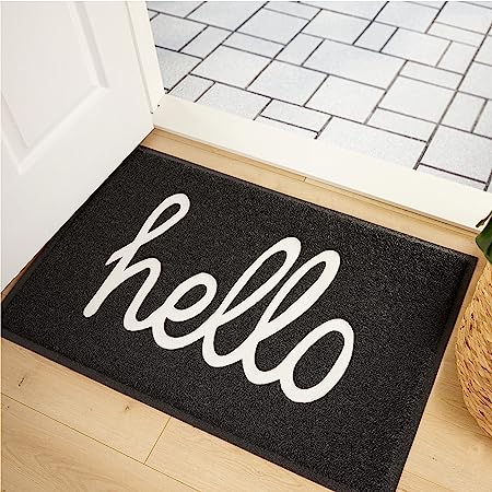 Gorilla Grip Dirt Grabber Hello Mesh Doormat, Waterproof All Weather Welcome Mat, Low Profile Entryway Mats for Home, Indoor Outdoor Front Entrance and Back Sliding Door, Washable, 30x17, Black/White