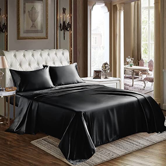 CozyLux Satin Sheets Twin Size 3-Pieces Silky Sheets Microfiber Black Bed Sheet Set with 1 Deep Pocket Fitted Sheet, 1 Flat Sheet and 1 Pillowcase Smooth and Soft