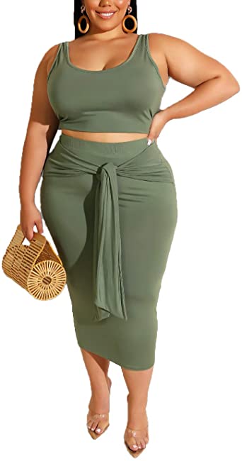 Womens Sexy Plus Size 2 Piece Midi Dress Outfits - Sleeveless Tie Dye Print Tank Crop Top Bodycon Skirts Set