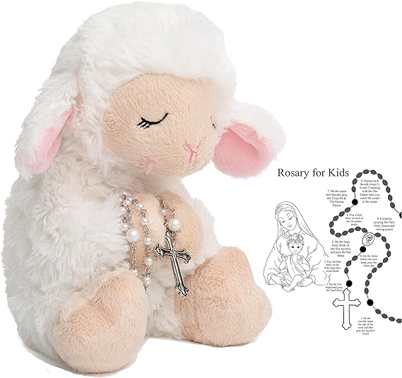 Ganz Blessed Plush Lamb 8.5 inches with Rosary Set and Prayer Pamphlet for First Communion, Christening, Baby Baptism Gifts Girl, Catholic Boys from Parents, Grandparents