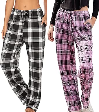 Ekouaer Womens 2 Pack Lounge Pants Comfy Pajama Pants Plaid Pajama Bottoms with Pockets Drawstring Pj Bottoms Pants