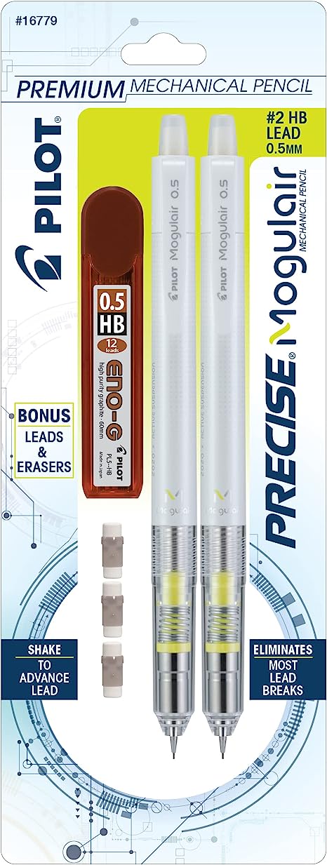 PILOT Precise Mogulair Premium Mechanical Pencil, 0.5mm, White Barrel, 2-Pack (16779)