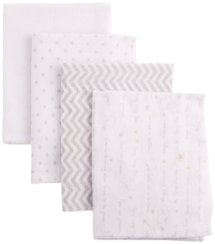 Nuby 100% Cotton 4 Piece Cuddly Soft Baby Receiving Blanket Set, White, 28" x 28"