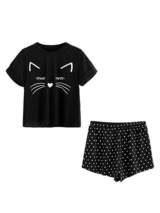 DIDK Women's Cat Print Cuffed Top and Polka Dot Shorts Pajama Set