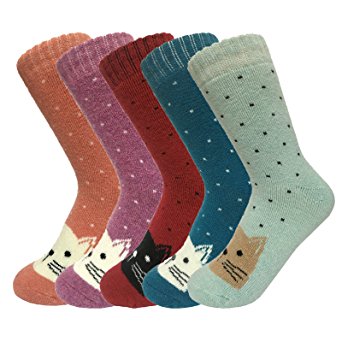 Tdeal Women's Dot Cat Printed Wool Super Thick Warm Winter Soft Casual Crew Socks 5-Pack