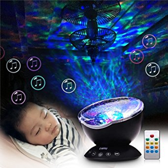 Ocean Wave Projector,SOLMORE LED RGB Night Light with Remote Control,Built-in Music Player/7 Colorful Light Modes/Timing off Function for Baby Kids Bedroom Nursery Birthday Gift(Black)