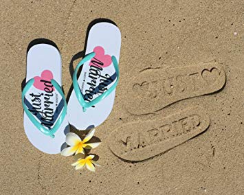 Just Married Flip Flops (Size 9/10) Stamp / Imprint on Beach Sand Wedding Honeymoon Slippers