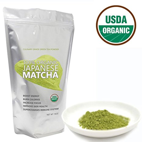 Japanese Matcha Ryori (16oz) - USDA Organic, Vegan and Gluten-Free. Pure Matcha Green Tea Powder. Fall-Green color with mild natural bitterness.