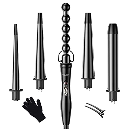 BESTOPE Curling Iron 5 in 1 Curling Wand Set with 5 Interchangeable Ceramic Tourmaline Barrels, Include Heat Resistant Glove and Clips, Rose Gold 0.35'' to 1.25'',black