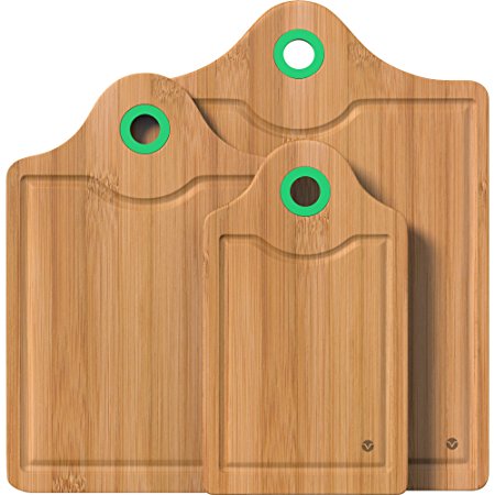 Vremi 3 Piece Bamboo Cutting Board Set - Wood Carving and Chopping Boards for Countertop with Colored Silicone Handle and Lip Edge - Small Med Large - Premium Organic Antimicrobial Bamboo - Green