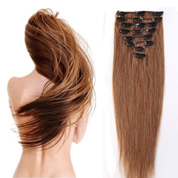 100% Real Remy Clip in Hair Extensions 16-22inch Grade AAAAA Natural Hair Full Head Standard Weft 8 Pieces 18 Clips Long Smooth Soft Silky Straight for Women Fashion (20" /20 inch 70g,#6 Light Brown)
