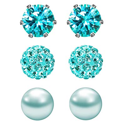 JewelrieShop Birthstone Studs Earring Set Cubic Zirconia Rhinestones Crystal Ball Faux Pearl Stainless Steel Stud Earrings for Women Girl Toddler Jewelry Gift (6mm Round,3 Pairs)