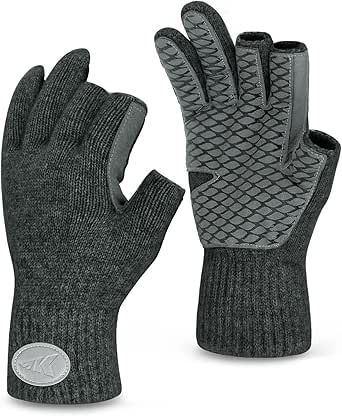 KastKing Bully Wooly 3-Cut Fingerless Wool Fishing Gloves, Cold Weather Warm Winter Gloves for Men & Women, Ice Fishing