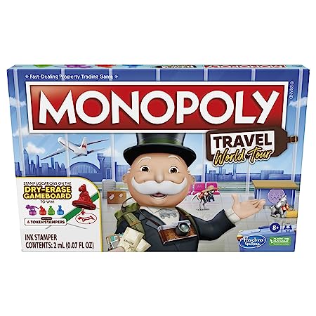 Monopoly Travel World Tour Board Game for Families and Kids with Token Stampers and Dry-Erase Gameboard