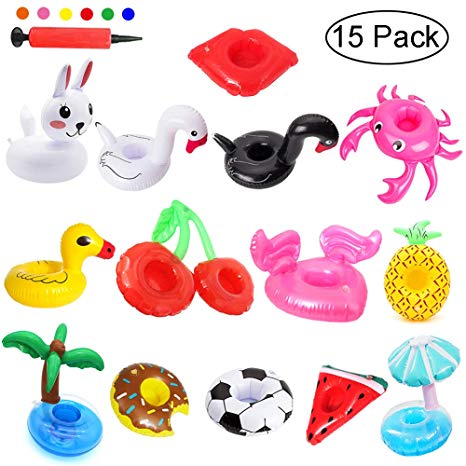 Angela&Alex Inflatable Drink Holders 15 PCS Drink Floats Beverage Cup Coasters for Pool Beach Party Supplies Favors Kids Bath Toys Swan Crab Pineapple Palm Tree Watermelon Rabbit Hot Tub Accessories