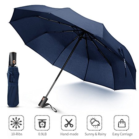 Windproof Travel Umbrella 10 Ribs with Fast Drying Teflon Coating Portable & Compact Auto Open Close Umbrella by Puersit