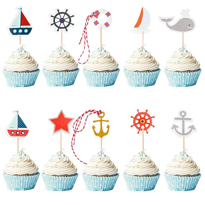 72 Pieces Nautical Cupcake Toppers for Ocean Sailing Theme Party Pirate Ship Whale Sailboat Ocean Sailing Yacht Boat for Birthday Party Baby Shower Wedding Party Decorations