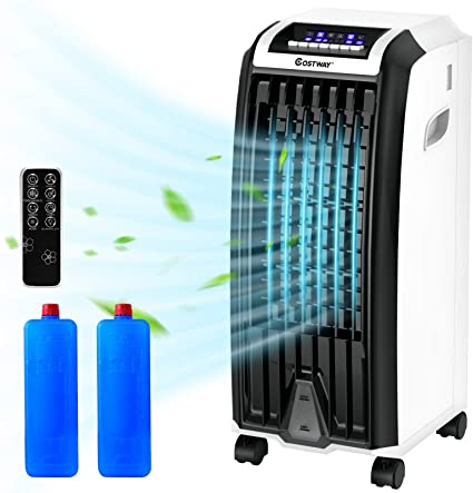 COSTWAY Evaporative Cooler, Portable Cooling Fan with Remote Control, 3-Mode, 3-Speed and 7.5H Timer Function, Include Ice Crystal Boxes, Water Tank and Casters, Bladeless Cooler for Home Office