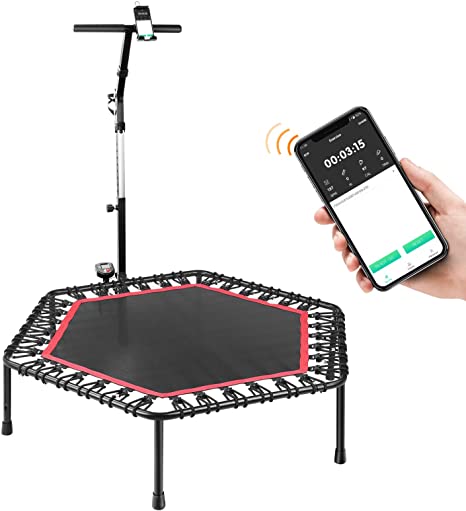 GARTIO 50'' Smart Fitness Trampoline, Hexagonal Silent Rebounder, Foldable Exercise Jump Equipment, W/8 Height Adjustment,APP, Counter, Phone&Cup Holder, Heart Rate Belt, for Adult,Max Load 450lb